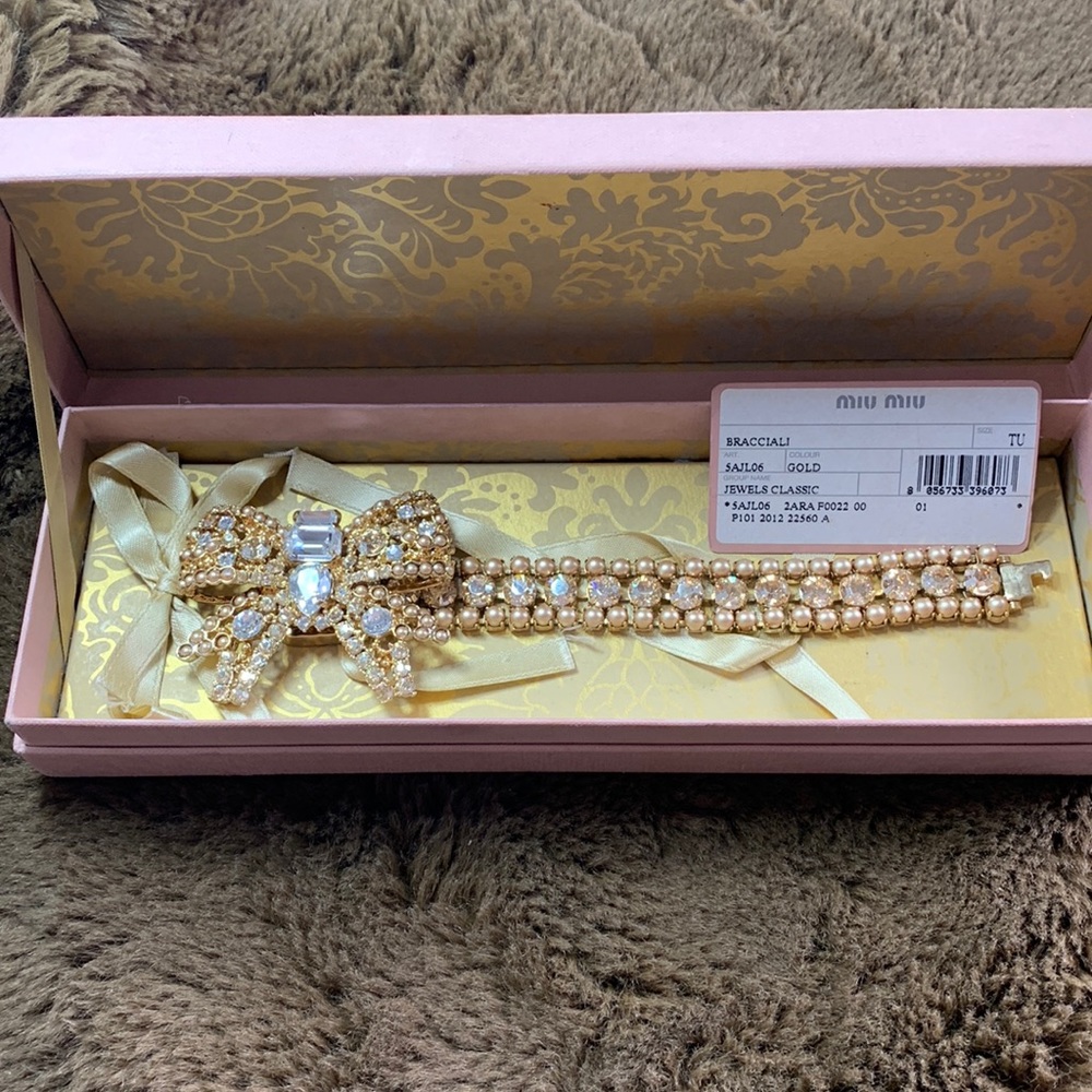 Miu Miu Swarovski crystals & faux pearls bow bracelet.